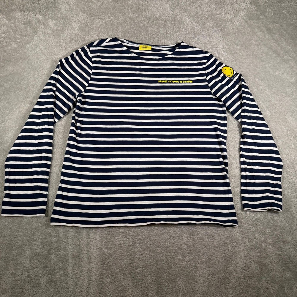 Saint James X Smiley Shirt Womens Large Blue Striped Long Sleeve Smiley‎ Face